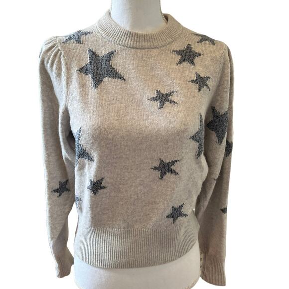 Rebecca Taylor Intarsia Crewneck Sparkle Star Puff Sleeve Sweater Gray S - Picture 1 of 7
